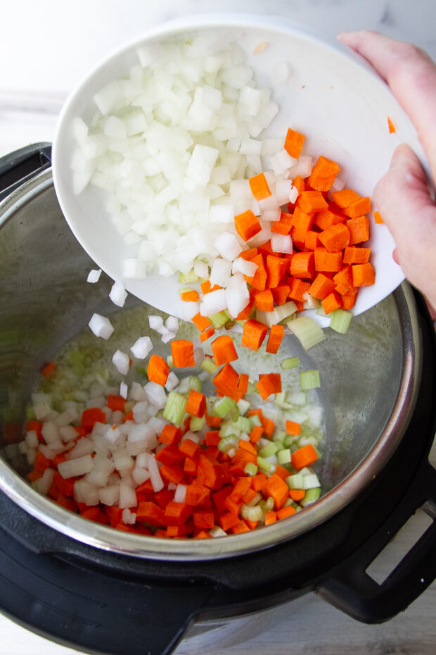 Bowl of diced onion, carrot, and celery added to a pot.