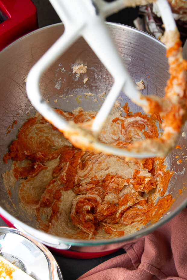 Pumpkin and egg added to the creamed mixture.