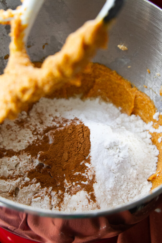 Dry ingredients added to the cookie dough.