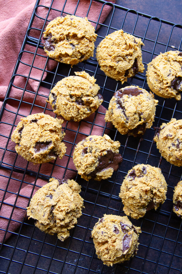 Finished GF pumpkin cookies on a wire cooling rack.