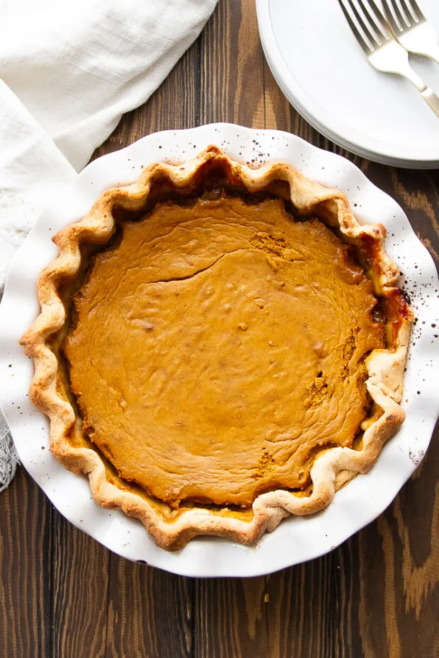 Baked Pumpkin Pie view from overhead.