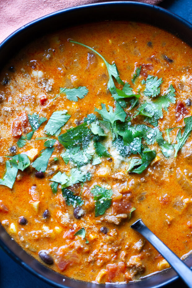 Close up of the pumpkin chorizo chili.