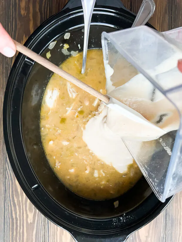 Pureed white beans poured into the cooked chili to create creaminess.