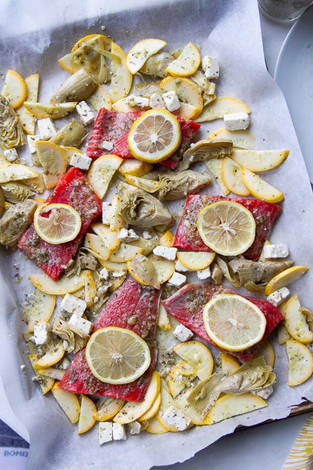 Salmon and vegetables ready to go in the oven.