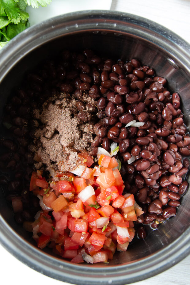 Drained black beans, taco seasoning, and pico de Gallo in a saucepan.