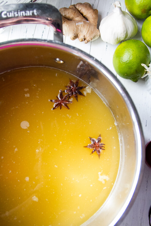 Pot with chicken, broth, and star anise pods.