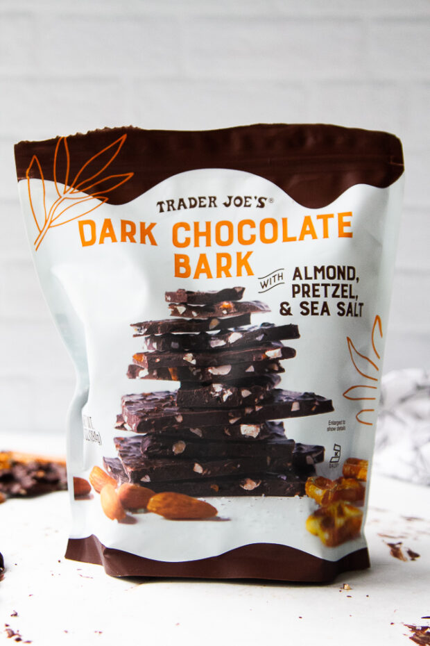 A bag of Trader Joe's Dark Chocolate Bark.
