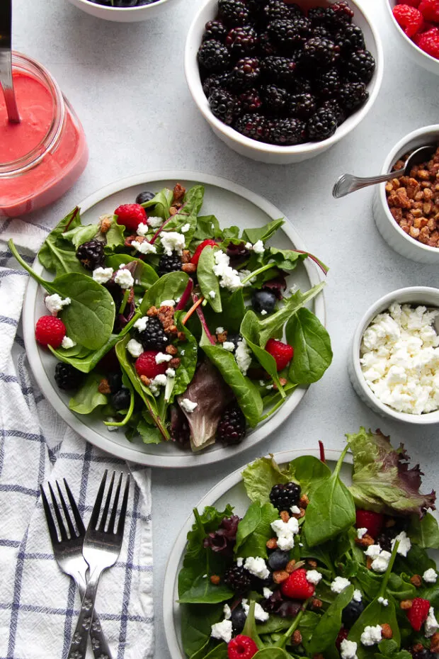 An assembled salad without dressing on a white plate. The toppings are arranged around in smaller bowls and the dressing is off to the side.