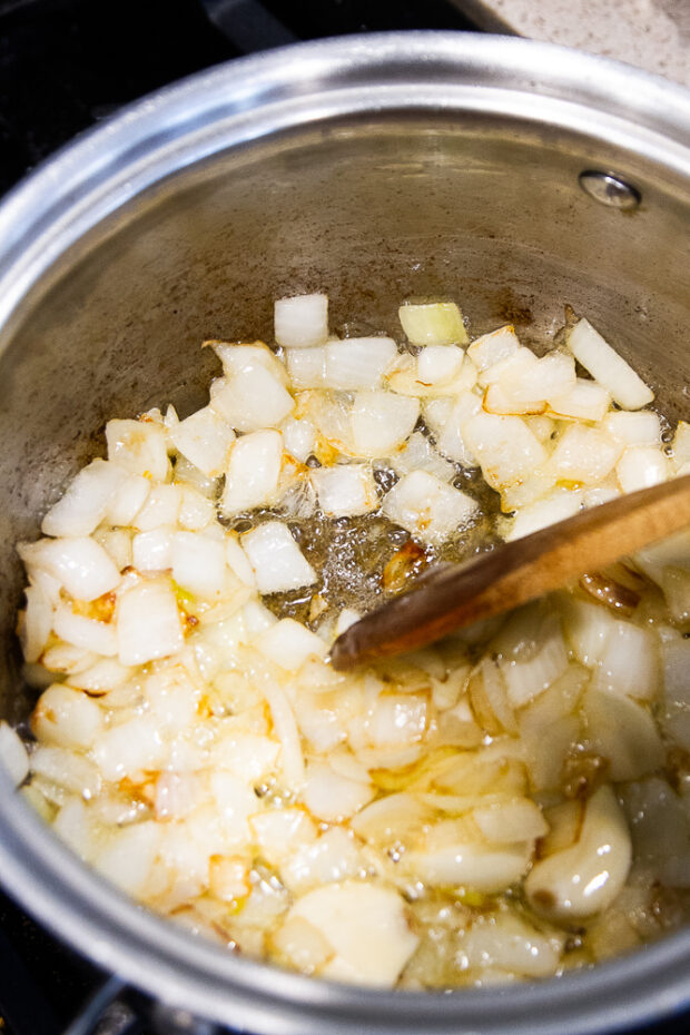 Sauteed onion in a saucepan.