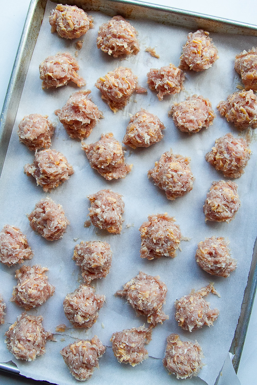 All of the meatballs have been scooped and are ready to pop in the oven. 