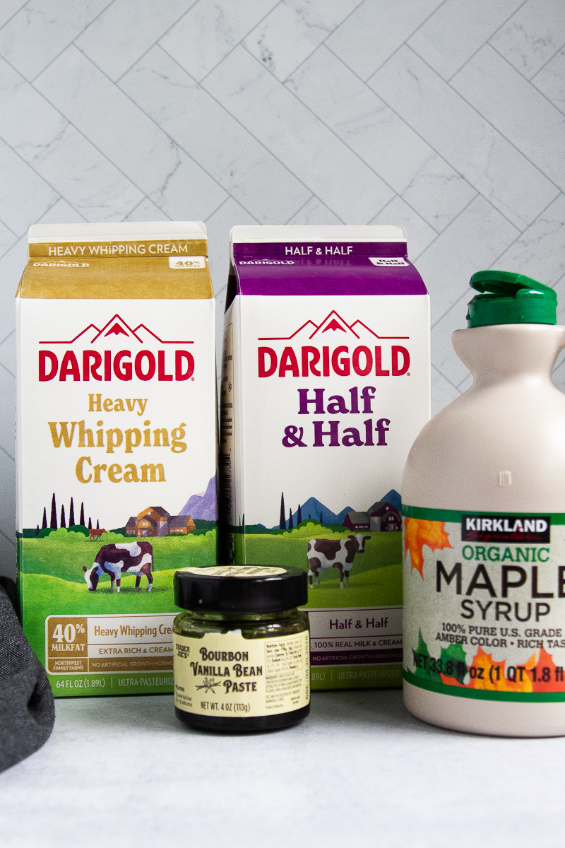 Ingredients for homemade creamer: heavy cream, half & half, maple syrup, vanilla bean paste.