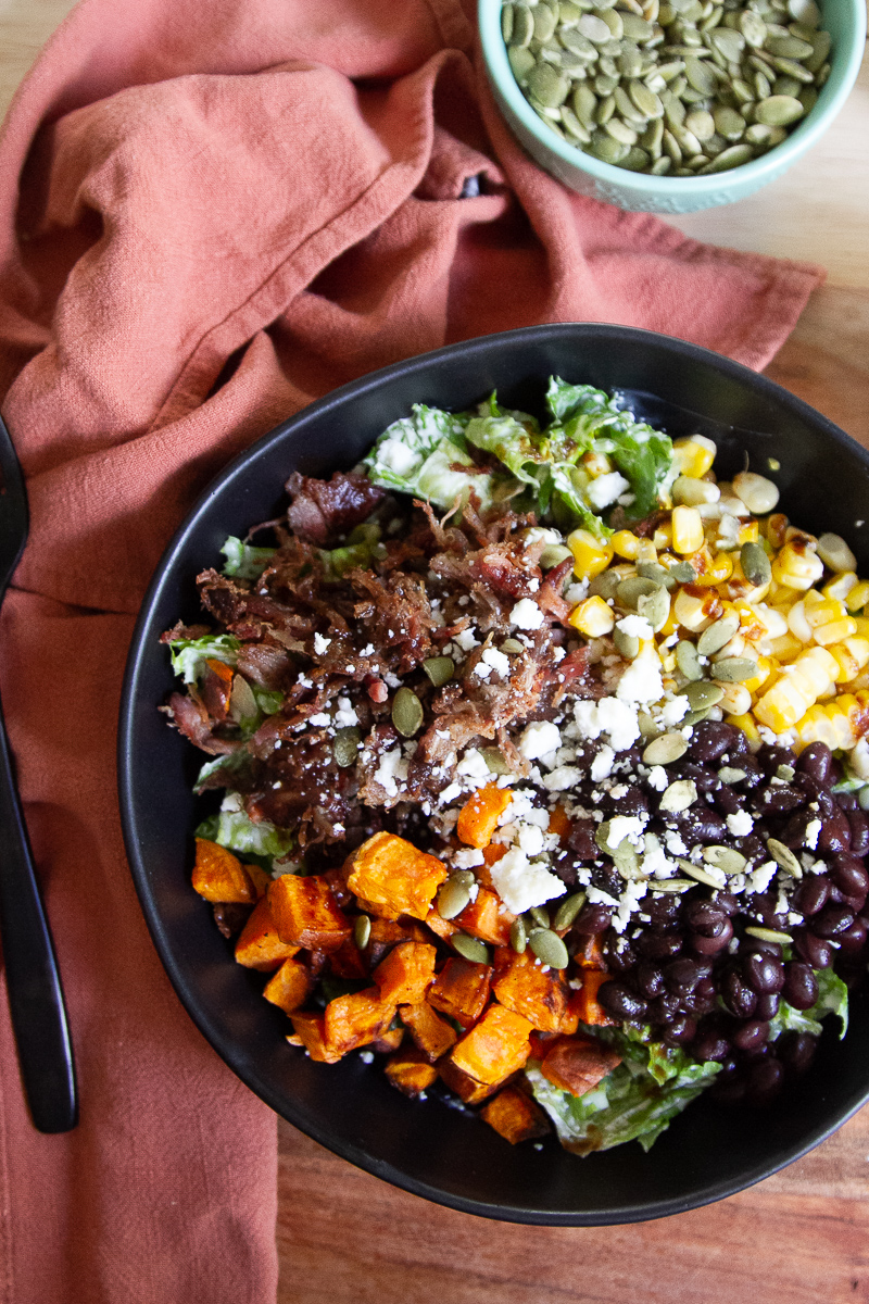 Overhead shot of the same pork salad as above.